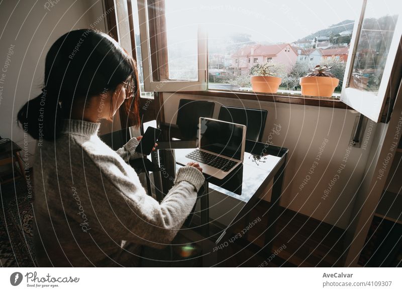 Woman working on his laptop at home while checking his phone during a bright day technology sitting room girl woman young computer female indoors beautiful