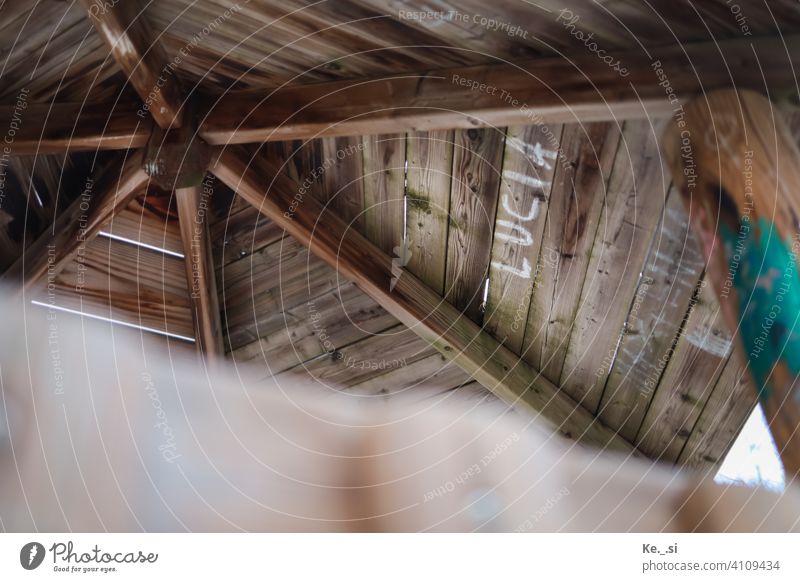 Underside of a roofed play tower with the inscription Lucia Playing Playground names lucia Roof Wood Brown white font White depth blur Adventure Available light