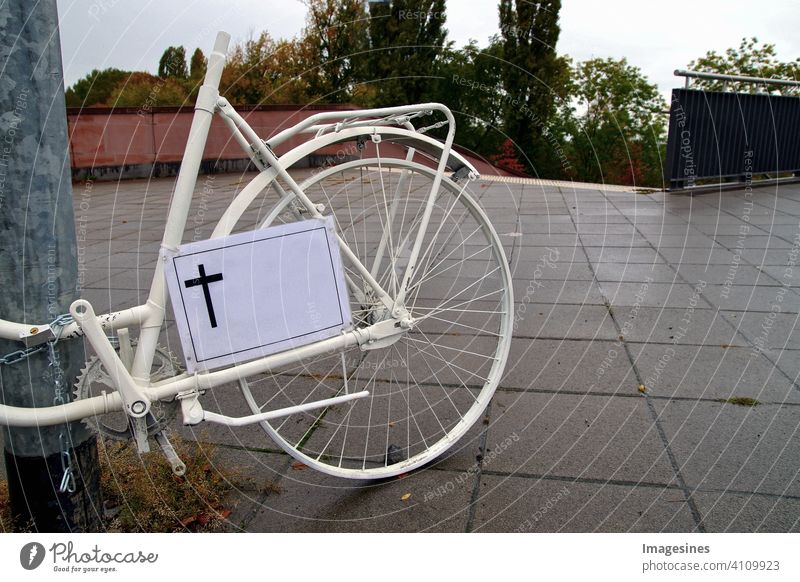 Memorial Ghost Bike Accident dead lorry slain cyclists Street Day white ghost Bicycle Monument Traffic accident pass away Wheel bike Town Crucifix peril deadly