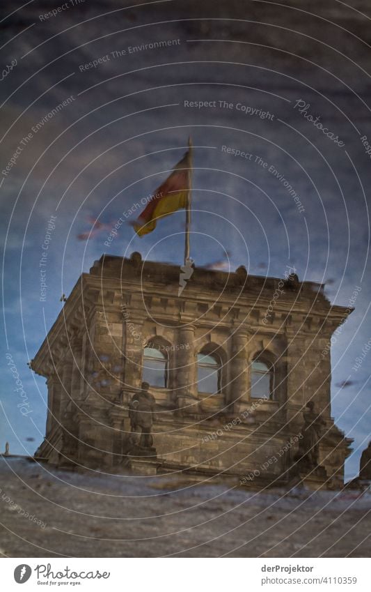 Reichstag in the reflection of a puddle III Central perspective Reflection Shadow Copy Space top Twilight Artificial light Light Copy Space right