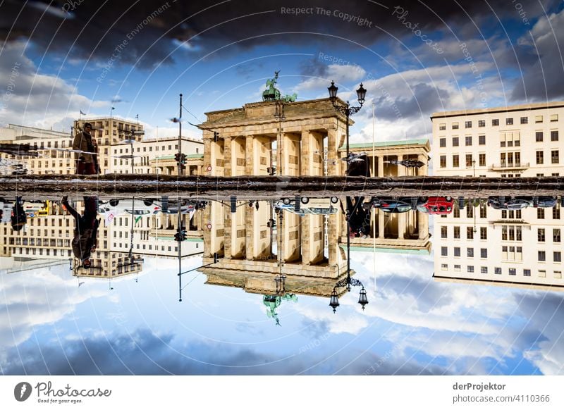 Brandenburg Gate in the reflection of a puddle IX Central perspective Reflection Shadow Copy Space top Twilight Artificial light Light Copy Space right