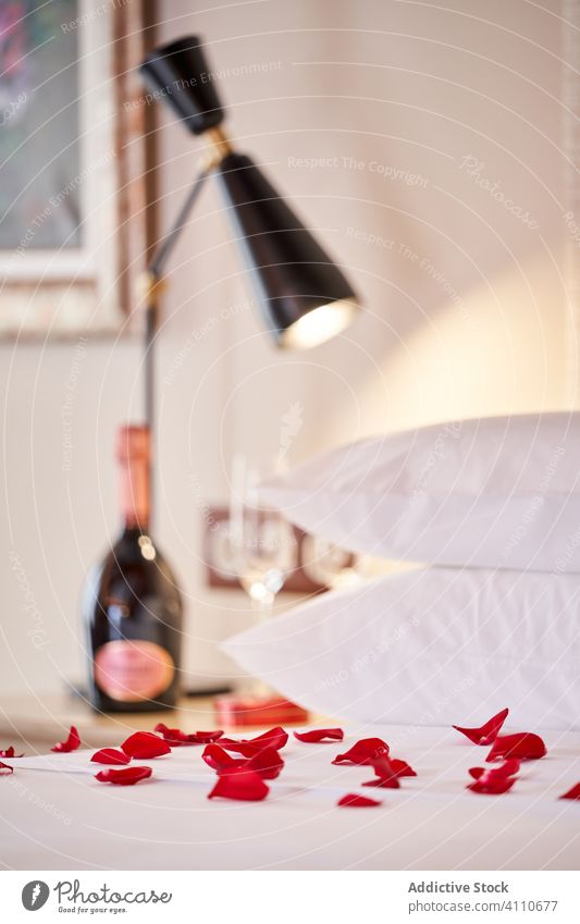 Decorated bedroom for romantic date at home petal rose valentine wineglass concept drink holiday flower surprise celebrate beverage romance aromatic hotel