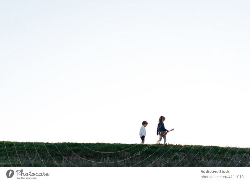 Little sister and brother walking in field children nature summer sunset evening together explore grass ukulele guitar follow sibling friend sky calm tranquil