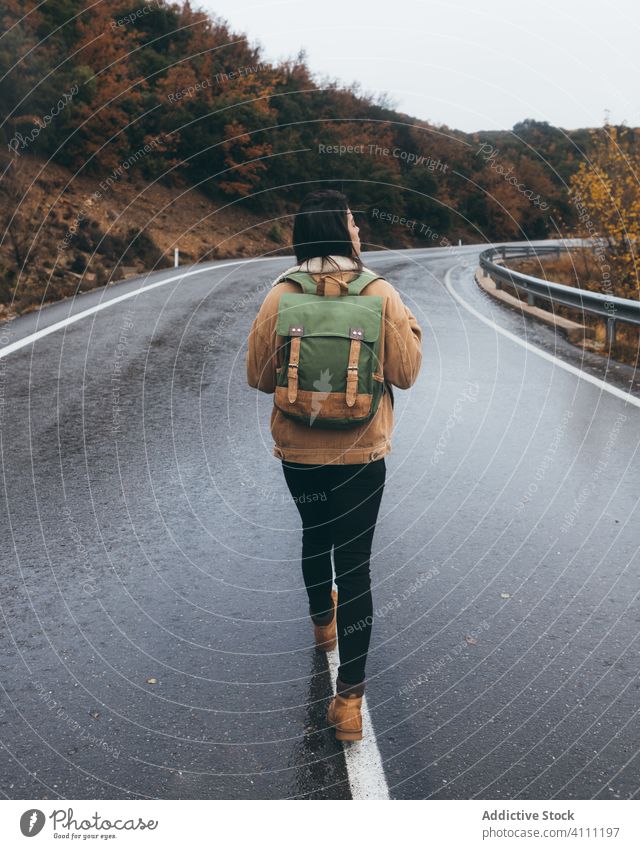 Female traveler walking on country road in autumn day woman countryside hike backpack nature journey asphalt forest fall female adventure freedom tourism