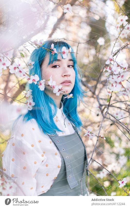 Trendy woman in blooming garden spring teen alternative dyed hair flower style trendy modern young blue hair blossom tree female nature floral beautiful season