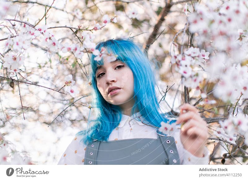 Trendy woman in blooming garden spring teen alternative dyed hair flower style trendy modern young blue hair blossom tree female nature floral beautiful season