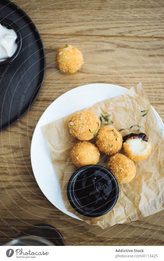 Tasty potato and cheese croquettes ball fried eat food crunch junk delicious snack tasty plate meal cuisine dish tradition table nutrition serve fresh cook