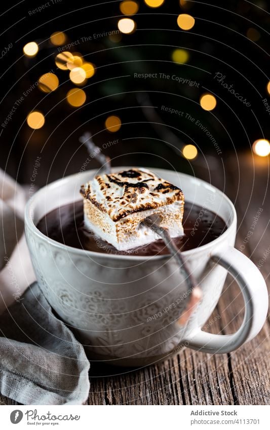 Cup of hot chocolate with marshmallow drink cup winter party food christmas holiday wooden table beverage tradition celebrate decoration festive delicious white