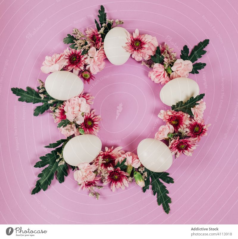 Floral wreath with chicken eggs easter flower concept spring composition holiday color bright decoration design arrangement celebrate natural season tradition