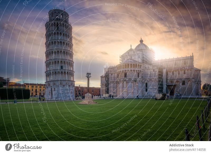 Famous Leaning Tower of Pisa and Pisa Cathedral in puddle reflection tower cathedral pisa architecture square of miracles water medieval sky tourism heritage