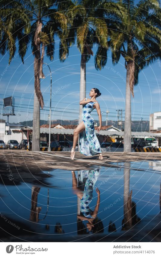 Young ballerina dancing near palms woman dance ballet grace concept puddle street young tiptoe female slim elegant tropical water reflection exotic perform