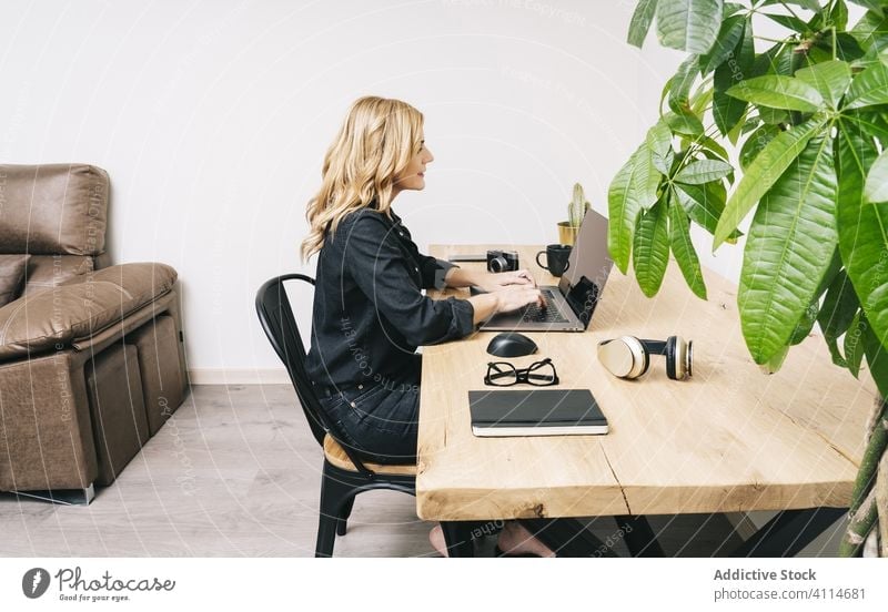 Woman working from her studio office at home woman desk computer business adult eyeglasses laptop caucasian browsing typing businesswoman internet home-office
