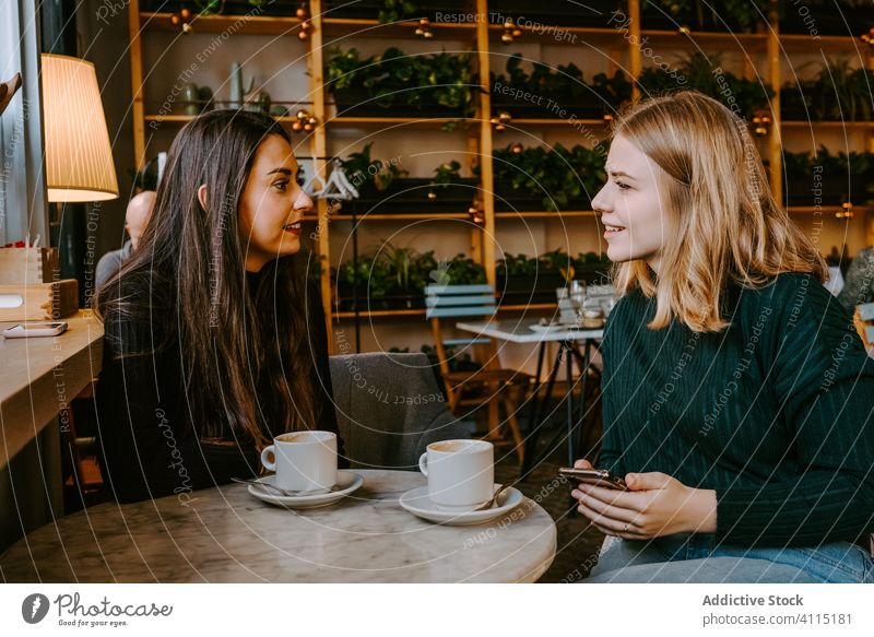 Female friends resting in cozy cafe women laugh together coffee smartphone using joke casual weekend young meeting restaurant drink cup beverage coffee shop