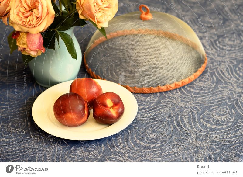 protective measure Fruit Nectarine Plate Lifestyle Rose Bouquet Fresh Delicious Protection Tablecloth Flower vase Insect repellent Still Life Colour photo