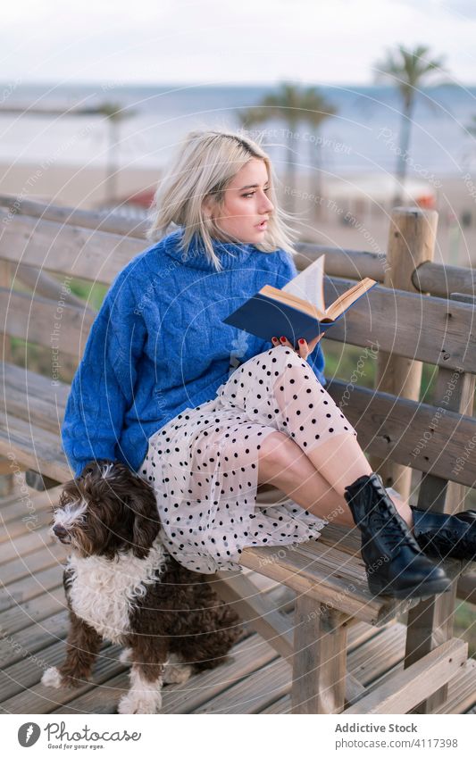 Young woman with dog reading book on beach rest seaside bench terrace together friend pet female young wooden relax animal style trendy holiday love companion