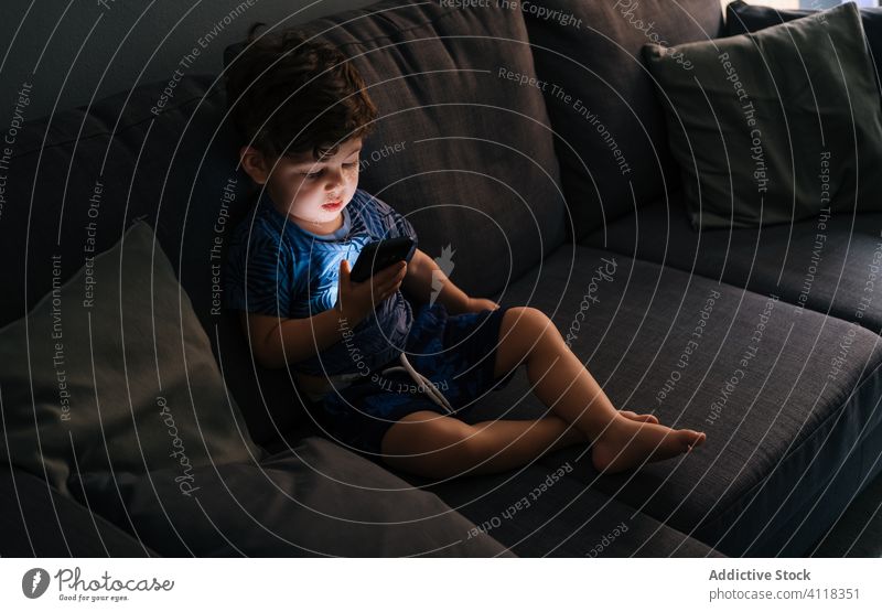 Curious little boy browsing smartphone at home child education application homework gadget communication connection technology room childhood kid sitting
