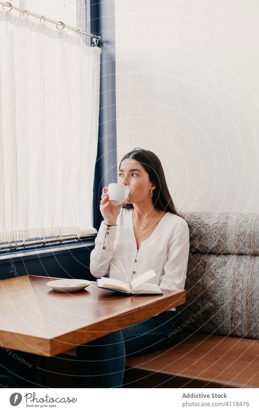 Woman drinking coffee in a bar female businesswoman notebook cafe table lifestyle work sitting girl restaurant caucasian brunette people person cup modern lady