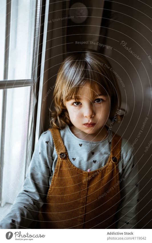 Little girl looking out window home cozy rest curious little sweet casual kid child room dreamy childhood lifestyle cute relax domestic innocent enjoy tranquil