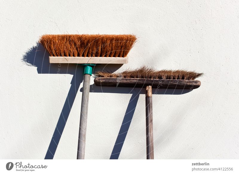 Two brooms Old age Ajar Lean Broom Bristles Parents Development Generation Contrast lean Light New Couple Break rest Shadow Stand house broom two relation