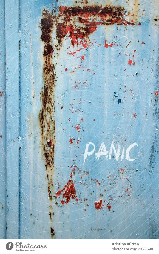panic panicky Panic Graffiti scratched door Wall (building) background Paranoia Fear Stress Frightening hysteria sensation Reaction Subsoil Metal rusty Rust