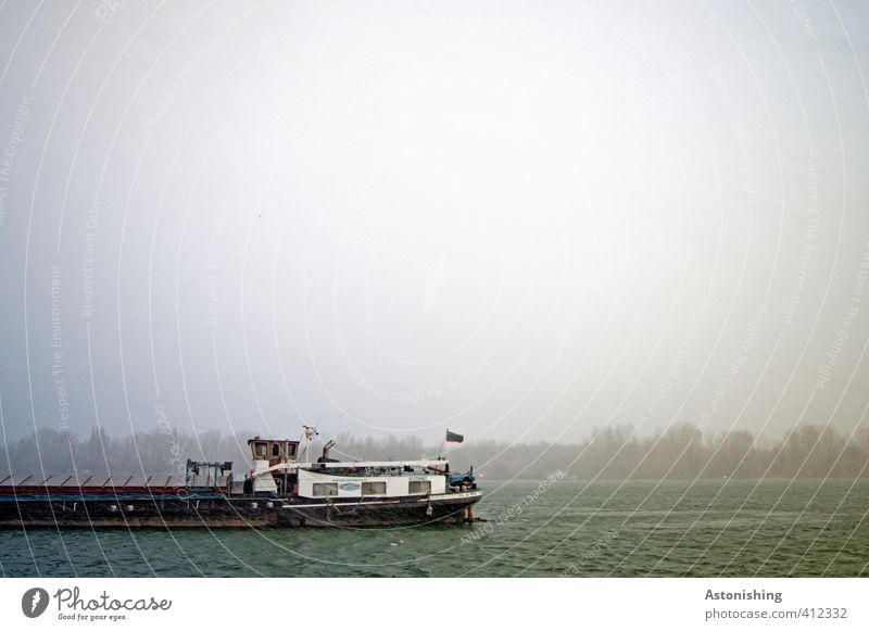 Boat from the left! Nature Air Water Sky Horizon Autumn Weather Bad weather Fog Rain Plant Tree Forest Waves River Danube Transport Navigation Container ship