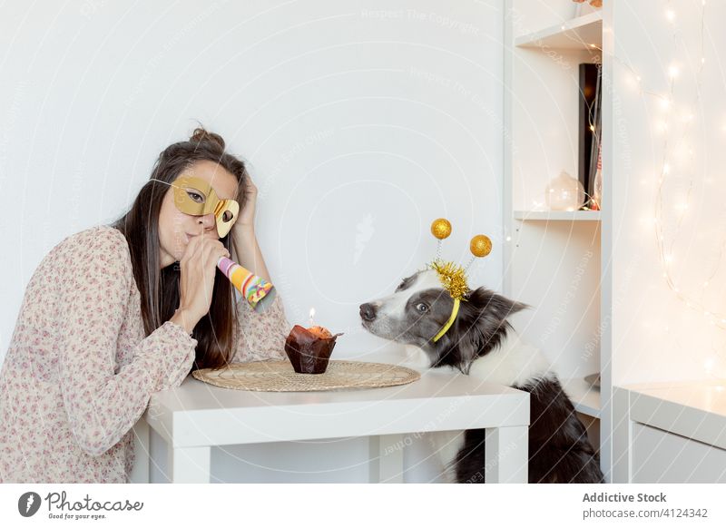 Woman celebrating birthday with dog during quarantine at home woman celebrate coronavirus self isolation party muffin having fun female mask blower horn