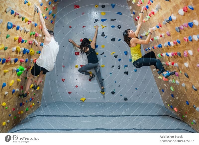 Climbers in sportswear on wall in gym climb training boulder hobby equipment activity women man female group ready prepare workout athlete extreme strong
