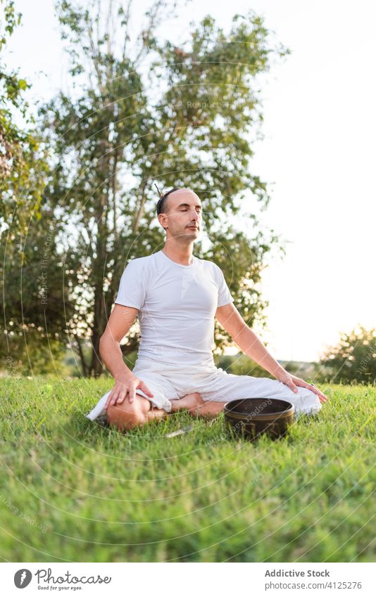 Concentrated young man with Tibetan bowl in green field yoga tibetan bowl meditate singing bowl asana calm zen lawn pose summer knee tree park harmony outdoors