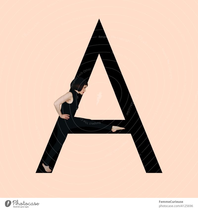 Graphic shows black letter A of the Latin alphabet against a skin-colored background and integrated photographic full-body shot of a posing brunette woman with bob hairstyle in black one-piece suit