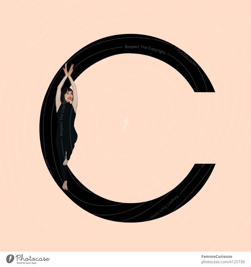 Graphic shows black letter C of the Latin alphabet against a skin-colored background and integrated photographic full-body shot of a posing brunette woman with bob hairstyle in black one-piece suit