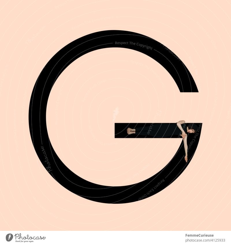 Graphic shows black letter G of the Latin alphabet against a skin-coloured background and integrated photographic full-body shot of a posing brunette woman with bob hairstyle in a black one-piece suit