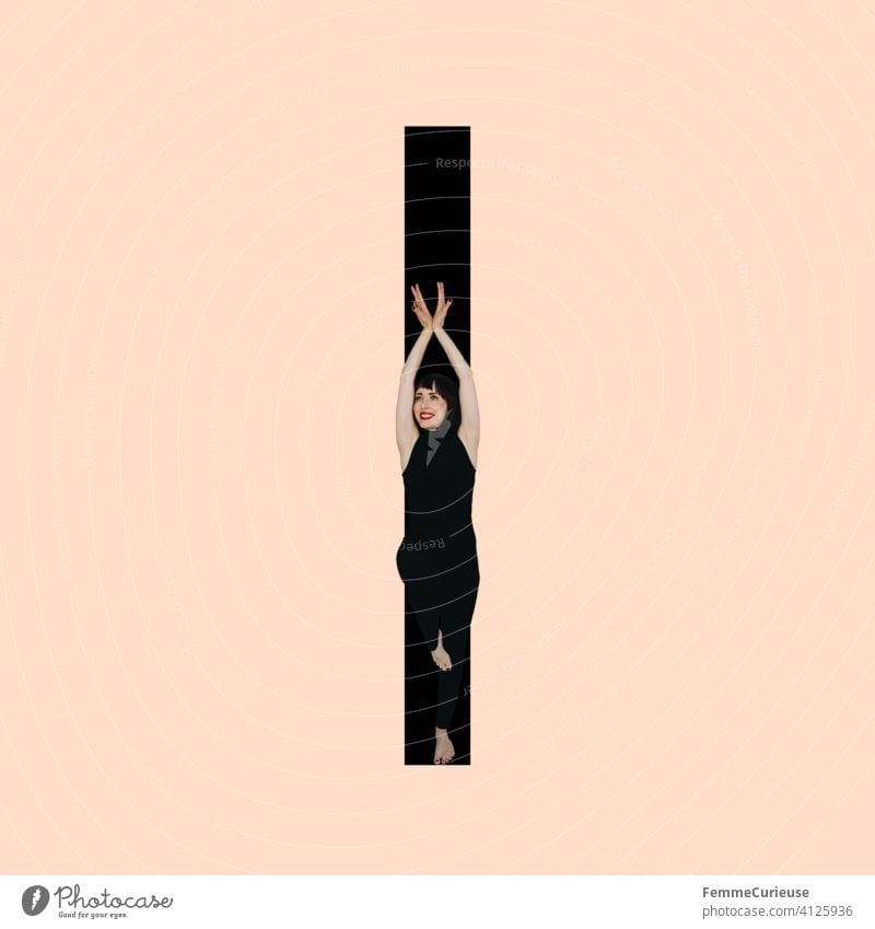Graphic shows black letter I of the Latin alphabet against a skin-coloured background and integrated photographic full-body shot of a posing brunette woman with bob hairstyle in black one-piece suit