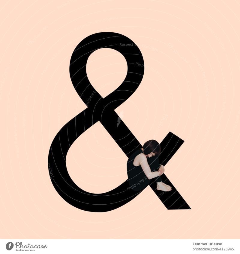 Graphic shows black-coloured ampersand (&) against a skin-coloured background and integrated photographic full-body shot of a posing brunette woman with a bob hairstyle in a black one-piece suit