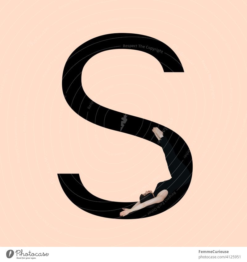 Graphic shows black letter S of the Latin alphabet against a skin-coloured background and integrated photographic full-body shot of a posing brunette woman with bob hairstyle in a black one-piece suit