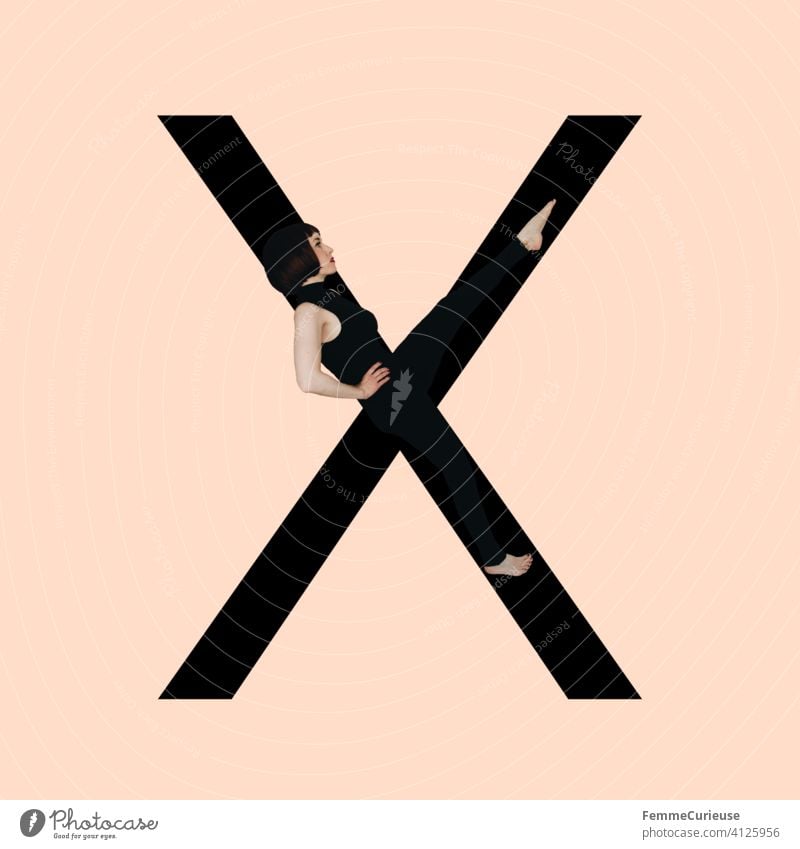 Graphic shows black letter X of the Latin alphabet against a skin-colored background and integrated photographic full-body shot of a posing brunette woman with bob hairstyle in black one-piece suit