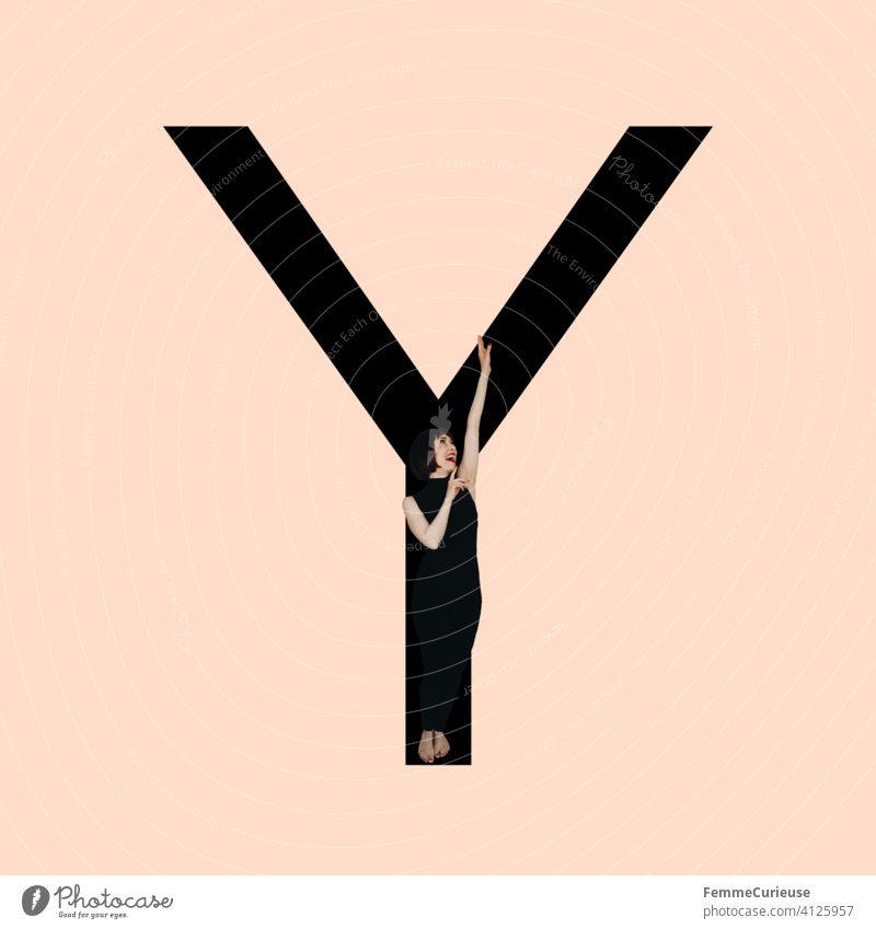 Graphic shows black letter Y of the Latin alphabet against a skin-colored background and integrated photographic full-body shot of a posing brunette woman with bob hairstyle in black one-piece suit