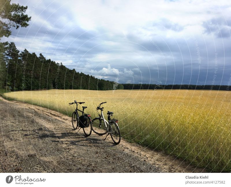 Bicycles at the edge of the field Cycling Exterior shot Sports Cycling tour Leisure and hobbies Athletic Mobility Lanes & trails Trip Cycle path Movement