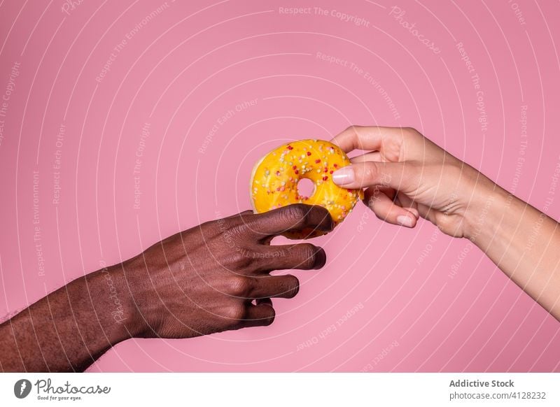 Crop multiethnic people holding doughnut on pink background couple hand fresh delicious dessert tasty snack enjoy leisure together relationship food yummy