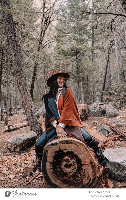 Cheerful woman sitting on log in forest travel trendy style tree happy cheerful landscape yosemite boho rustic united states park national female scenery