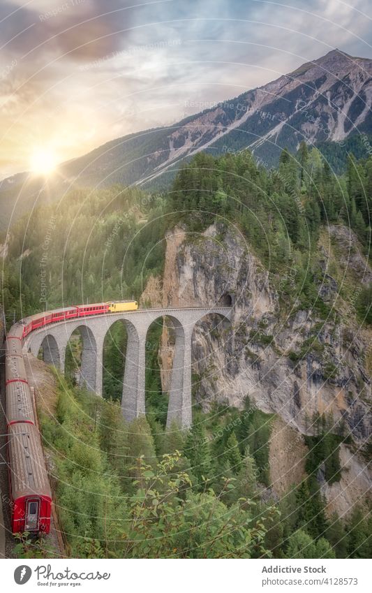Train on railroad on arched bridge from tunnel in green forest in Switzerland train mountain picturesque red travel alps journey view landscape adventure aged