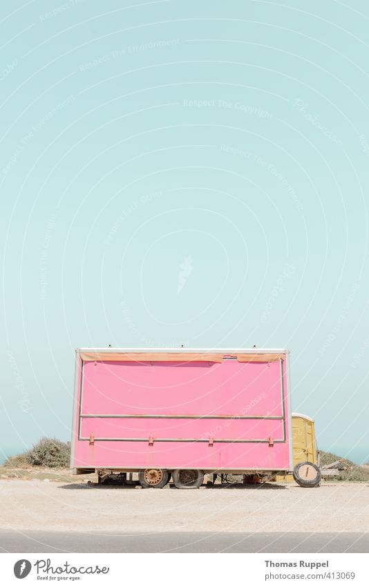 pink Nutrition Shopping Style Tourism Trip Summer Sky Cloudless sky Beautiful weather Deserted Street Vehicle Trailer snack carts Snack bar Old Authentic Town