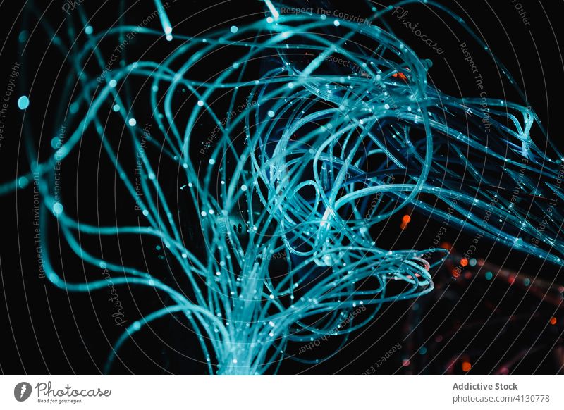 Abstract background with translucent threads abstract wire art chaotic creative design diffusion material bright blue color dynamic energy glow modern random