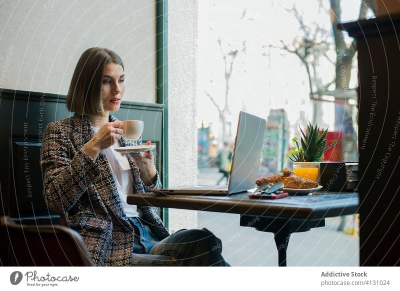 Businesswoman using laptop with empty screen in cafe in daylight businesswoman blank screen typing internet online cup search gadget device watching netbook