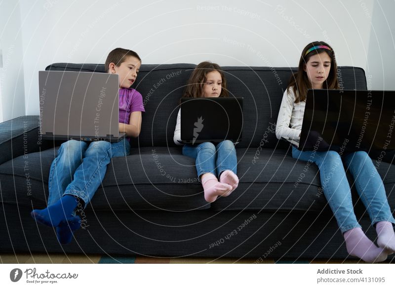 Group of children using laptops while sitting on sofa at home together group room comfort kid internet friendship watch gadget device connection communicate