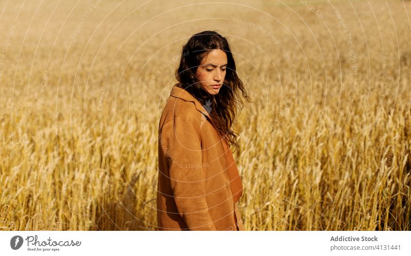 Serious woman standing in field thoughtful jacket endless colorful rye nature lonely countryside middle outdoors ethnic summer calm lifestyle charming grain