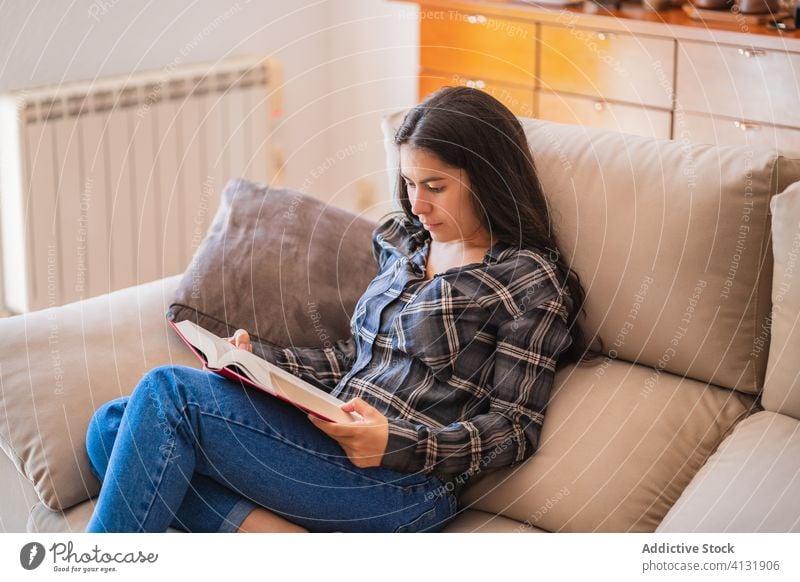 Young woman reading book at home sofa casual rest enjoy young free time female lifestyle comfort couch cozy sit hobby literature chill weekend education