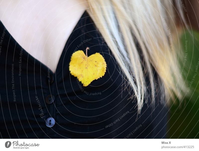 Blonde with heart seeks... Feminine Hair and hairstyles Chest 1 Human being Autumn Leaf Long-haired Yellow Emotions Moody Love Infatuation Romance Lime leaf