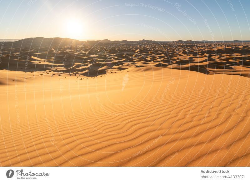 Hot desert with sandy dunes landscape minimal background nature hot heat morocco sky dry scenery arid terrain hill drought desolate climate exotic extreme