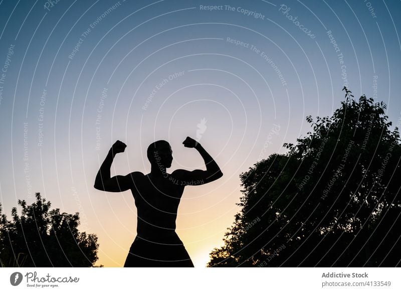 Athletic black man exercising at the park african muscular silhouette fitness strong flexing body muscle biceps arms athlete strength lifestyle chest athletic