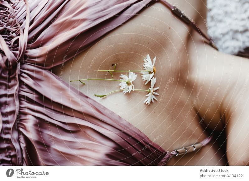 Tender woman with flowers taped to chest tender gentle life pure chamomile style lying down romantic blossom plant female attach beauty delicate sensual natural